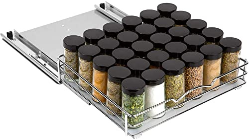 HOLDN’ STORAGE Ausziehbarer Schrank-Organizer für Gewürze und Dosen, robust, ausziehbares Gewürzregal, Schrankregal für Dosen, Geschirr usw., 31,4 cm B x 26,6 cm T x 7 cm H, verchromt