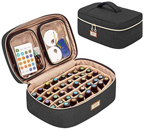 CURMIO Sac de Rangement pour Huile Essentielle et Accessoires, Noir | Organisateur pour Huiles Essentielles / Vernis à Ongles (5-30ml), Cloisons Amovibles, 2 Poches Séparées, Sans Accessoires