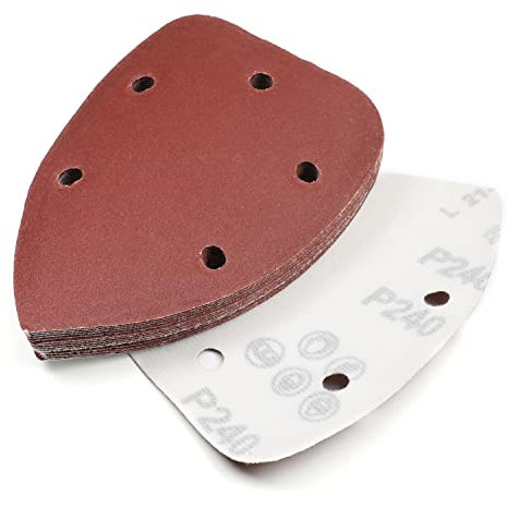 Utoolmart Lija de detalles, papel de lija triangular, almohadillas de lija de gancho y bucle, multiherramienta oscilante triángulo, grano 240, 5 agujeros, 15 unidades