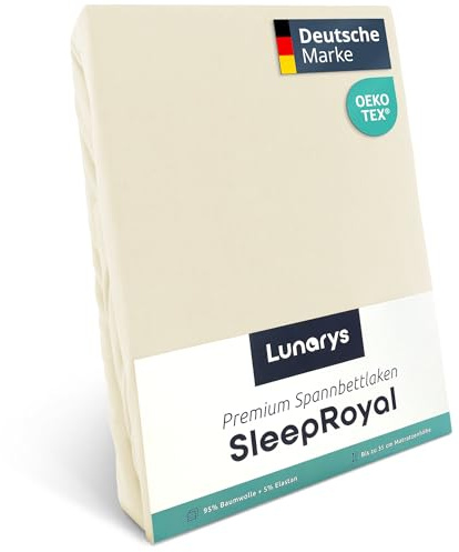 Lunarys® SleepRoyal Luxus Spannbettlaken 120x200cm - Creme - 250 g/m² Premium Bettlaken - 40 cm Steghöhe - für hohe Matratzen, Boxspringbett & Matratze + Topper & Wasserbett - Stretch Jersey