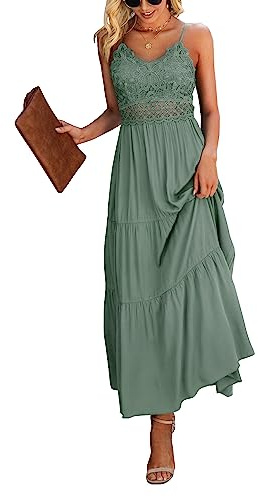 Dokuritu Womens Dresses Beach Crochet Lace Maxi Dress Wedding Guest Bridesmaid Summer Spaghetti Strap Long Green Dresses for Women 2024(SproutGreen,M)