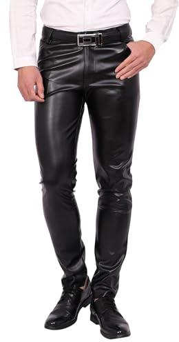 FEOYA Pantalon en Simili Cuir pour Homme Pantalon Coupe Slim en PU Cuir Pantalons Crayon Extensible Élastique Moto Biker Dance Collant Décontracté Couleur Unie Été Printemps Automne Noir Taille 32