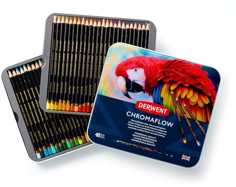 Derwent Chromaflow Buntstifte im 48er Set in Metallbox, 3,5 mm Minenstärke, Mischbar mit Geschmeidiger Textur, Ideal zum Zeichnen, Ausmalen und Layering, Professionelle Qualität, 2306013