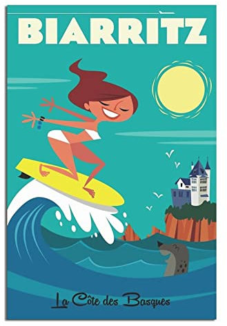 Biarritz Frankreich Surfing Vintage Reiseposter Leinwandkunst Wand-Dekor Poster Bild Druck Gemälde Poster Geschenk 30 x 45 cm