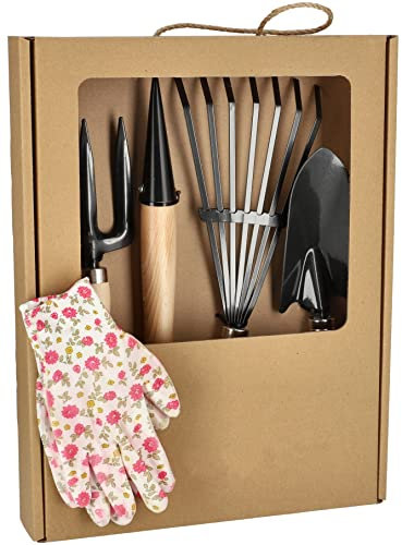 KOTARBAU® Mini Outils de Jardin avec Manche en Bois 5 pcs Ensemble d'outils de Jardin Râteau Houe Mini Truelle de Jardin Cultivateur à Main Gants de Jardin Outil de Jardinage Accessoires de Plantation