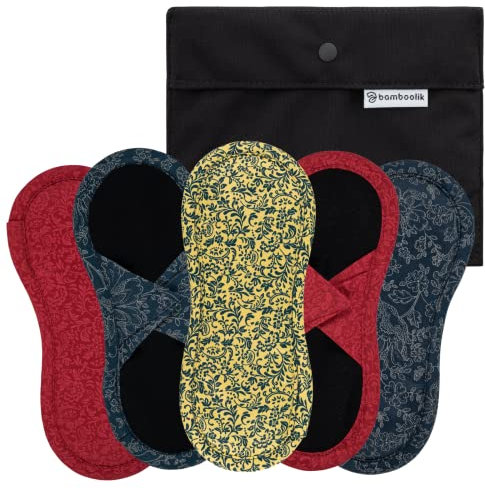 Bamboolik|Waschbare Slipeinlage | Satin & Bio-Baumwolle | Klettverschluss|5er-Set - 2x Dunkelblau,2x Rot, 1x Gelb + mini Wetbag Schwarz|wiederverwendbar|MADE IN EU|Stoffslipeinlagen Ausfluss