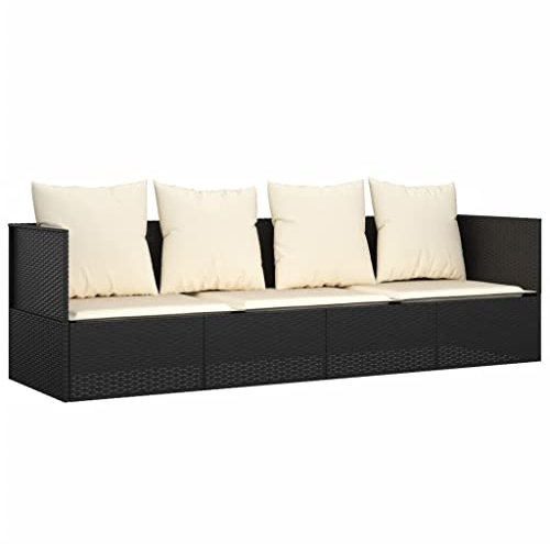 vidaXL Outdoor Loungebett, Verstellbar Gartensofa mit Kissen, Sonnenliege mit Stahlrahmen, Relaxliege Lounge Sofa, Schwarz Poly Rattan