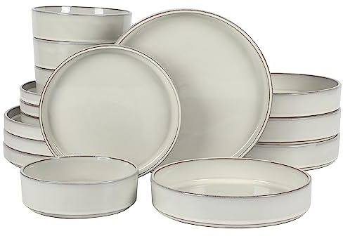 Bloomhouse - Two Time Oprah's Favorite Things Winner - Santorini Mist Double Bowl Terracotta Reactive Glaze Plates and Bowls Dinnerware Set - Moonstone White, Service for Four (16pcs)