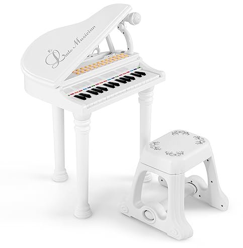 GYMAX 31 Keys Kids Piano and Stool, Electronic Keyboard Children Grand Piano with Microphone, LED Teaching Mode & Record Playback, Musical Instrument Educational Toy for Age 3+ Year Old (White)