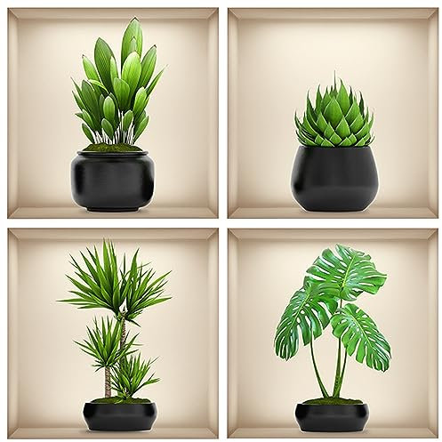 3D Vase Wandaufkleber,4 Stück Wandtattoo Wohnzimmer Vasen,Grüne Pflanze Wandsticker,Selbstklebend Flasche Wandbilder,DIY Dreidimensional Blumen Wandsticker für Schlafzimmer Büro Küche Wanddeko,30×30CM