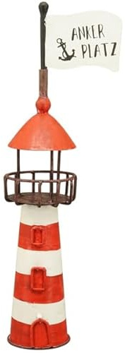 Generisch Zaunhocker Leuchtturm rot weiß mit Fahne Ankerplatz Metall Zaundeko Maritime Gartendeko