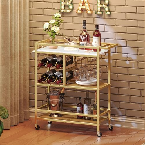 MAHANCRIS Bar Cart for Home, 3-Tier Serving Cart with Wheels and Handle, Beverage Cart with Wine Rack and Glass Holders, Rolling Wine Cart for Kitchen, Dining Room, Gold and White RCJM6101