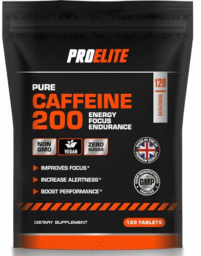 Caffeine 200mg 120 Vegan Tablets | Energy Boost & Exercise Support Pre Workout Weight Loss | Improve Focus & Alertness | Vegan UK Made | Better Than Caffeine Gels Gummies Capsules by PROELITE