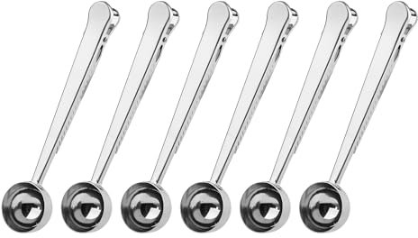 Clip de cuchara de café, cuchara medidora de acero inoxidable con clip, cuchara de café para café molido, cuchara medidora para café molido y frijoles, té, azúcar, leche en polvo, helado, 6 piezas