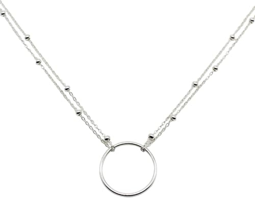 R.Universe 925 Sterling Silver Folded Double Chain CHOKER Necklace with Circle Pendant, Minimalist Dainty Geometric Birthday Best Friend Gift For Her Mum Prom Elegant Everyday Jewellery