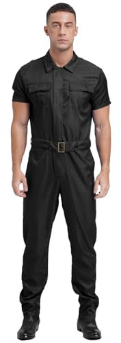 Sywiyi Herren Kurzarm Overall Jumpsuit Lange Einteiler Arbeitsoverall mit Gürtel Zipper Maleranzug Arbeitskleidung Schwarz 3XL