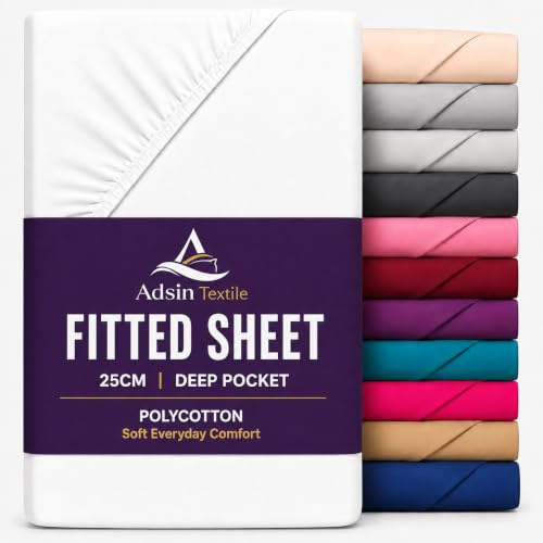 adsin Fitted Sheet Super Soft Deep Deep Pocket 10 inch (25 cm) Soft Brushed Microfibre Fabric Wrinkle and Fade Resistan Fitted Sheet White (Single)