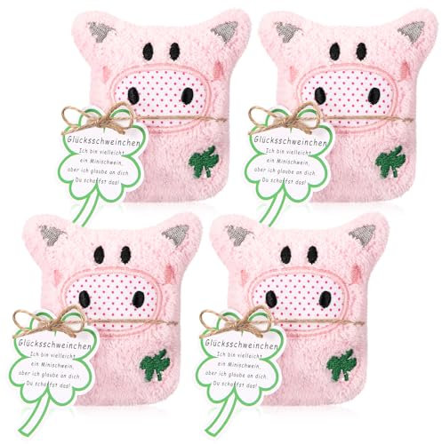 Harrycle 4 Sets Weihnachten Glücksgeschenk Plüsch Positive Glücksschweine Prüfung Glücksbringer Pocket Hug Schwein mit Kleeblatt Glückwunschkarte Sorgenfresser Geschenk für Kinder Erwachsene Freunde