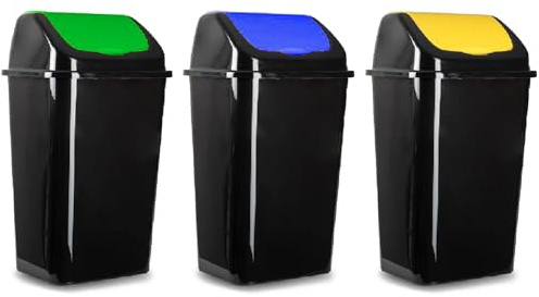 AC - Set de 3 Cubos de basura con tapa basculante para reciclaje - Fabricado en plástico - Capacidad: 30 Litros - Reciclaje para Plástico, Papel y Vidrio - 59 x 40 x 33 cm