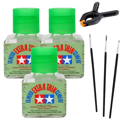 CAOBundles Model Glue Kit for Tamiya Extra Thin Liquid Cement Glue with Applicator Brush - 40ml Bottle - 87038 x3 Plastic Clamp x1 Brushes x3