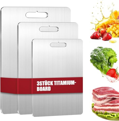 3 Stk Titan Schneidebrett, Edelstahl Titanium Cutting Board, S316 Schneidebrett Edelstahl, Schneidebretter für die Küche, Doppelseitiges Lebensmittel Titanium Cutting Board, ideal für Fleisch, Brot