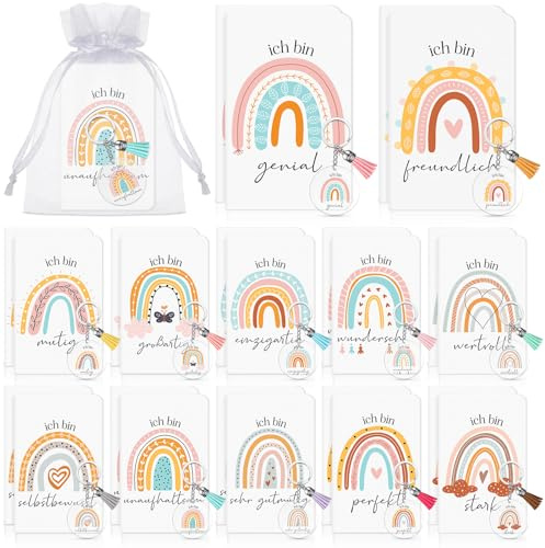 Clabby 24 Sets Inspirierende Geschenke Mini Notizblock Acryl Schlüsselanhänger Organzabeutel Dankeschön Geschenke Mini Schultüte Kleine Aufmerksamkeiten für Freunde Schulklasse Weihnachten