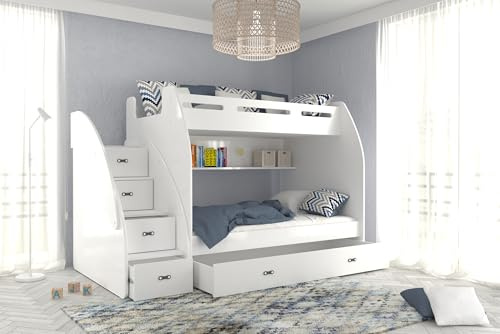 AJKmeble Hochbett Etagenbett 90x200 / 120x200cm mit Treppe und Ausziehbett ( wählbar in Farben weiß, blau, grün, rosa oder grau für Jungen und Mädchen, Jugendbett ) Treppe beidseitig montierbar (Weiß)