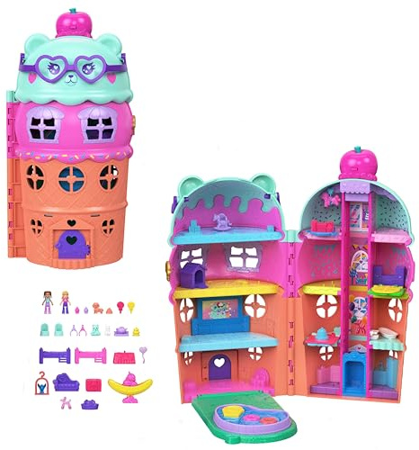 Polly Pocket Coffret Maison Cornet de Glace, Mini-Figurines, thématique Glace et Ours avec Plus de 25 Accessoires, Dont des Meubles, de la Nourriture et des Animaux de Compagnie, JKB89