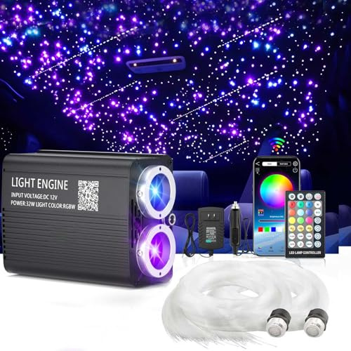 VASTFIRE 32W Twinkle Meteor Starry Sky Fiber Optic Light,1300pcs 9.8ft Dual Port Dual Color LED Stern Decke Fiber Optic Light Kit APP/Fernbedienung Weiß Shooting Star, für Auto/Haus/Partei