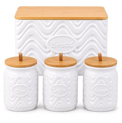 Home Harbour Clairmont Collection | Set of 3 Ceramic Tea, Sugar Coffee Canisters with Bamboo Airtight Lids | Storage Jars Containers Tea Sugar | Caddy Sets Kitchen Accessories Essentials (Pure White)