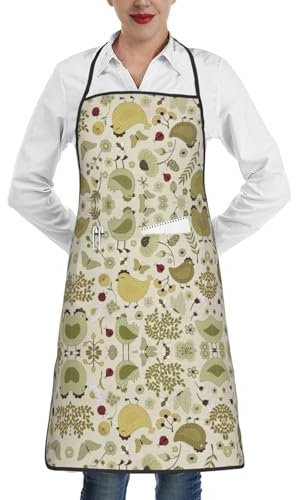 Vuoongt Kochschürze mit gelben Blättern, Huhn-Druck, zum Backen, Gartenarbeit, Nähen, Grillen, niedliche Geschenke, Küche, Koch mit Taschen, Weiss/opulenter Garten, Einheitsgröße