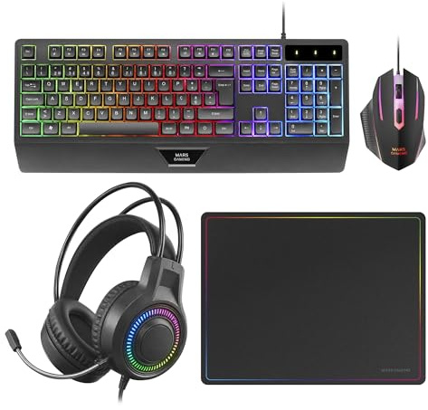 Mars Gaming MCP124PRO, Portugiesisch, Gaming-Combo 4in1, RGB H-Mech-Tastatur mit Handballenauflage, RGB-Maus 3200DPI HUANO-Schalter, FRGB-Headset, Nanotextil-Mauspad 36x26cm, Multiplattform, Schwarz