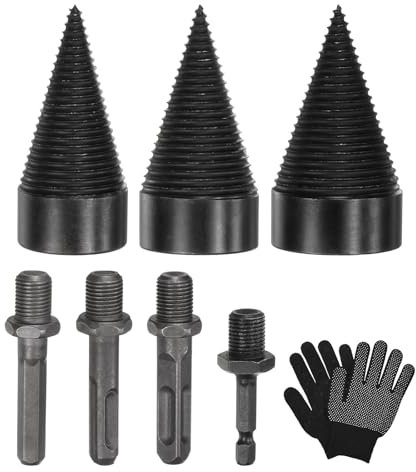 M METERXITY 3-Pack Wood Splitter Drill Bit 42mm + 45mm + 50mm + 4 Handles (Square+Round+Hex Shank+Small Hex) Firewood Log Splitter Drill Bit with Gloves for Outdoor/Stove/Farm[Black+Grey]