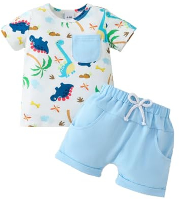UUAISSO Ropa Para Bebé Niño con Estampado Dinosaurio Camisetas Manga Corta con Bolsillos y Pantalones Cortos Color liso Conjuntos Verano Azul claro 2-3 años