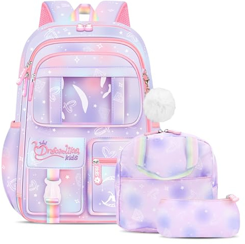 Amythe Schulrucksack Mädchen Set 3 in 1 mit Lunchtasche Federmäppchen | Rucksack Schule Kinder 3 Teilig Schulranzen mit Brustgurt Reflektierend, Schultasche Kawaii Wasserabweisend 26L-Lila