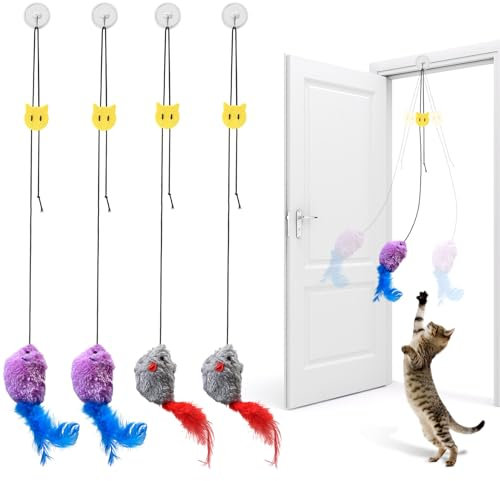 Gaomoeny 4 STK Katzenspielzeug Selbstbeschäftigung Türrahmen, Hängende interaktives Katzenspielzeug Maus Elastische Feder mit Quietschgeräusch, Cat Toys für Running und gegen Langeweile