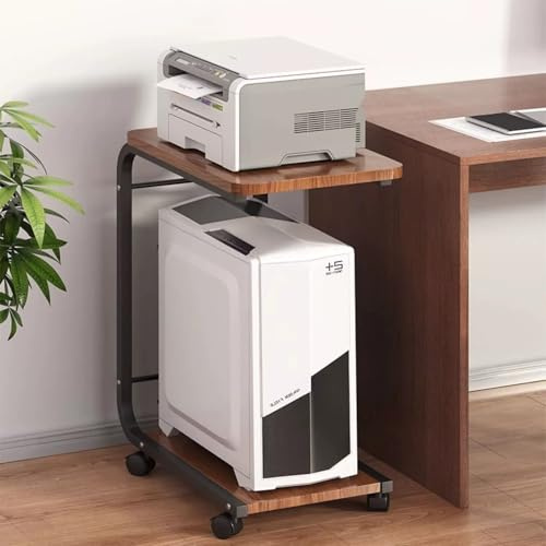 Printer Stand with 2 Tier Storage Computer Host Stand Rolling Side Table for PC Tower CPU Shredder Fax Scanner Under Desk Printer Cart (Brown)