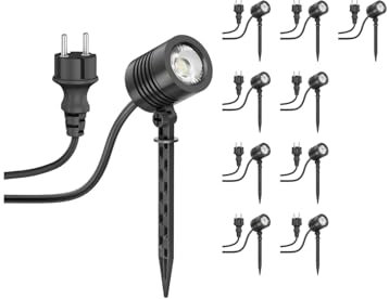 ledscom.de 10 pièces Petit projecteur de jardin LED avec piquet de terre TARL pour l'extérieur, IP65, fiche, noir, 4,3 W, 340lm, blanc chaud