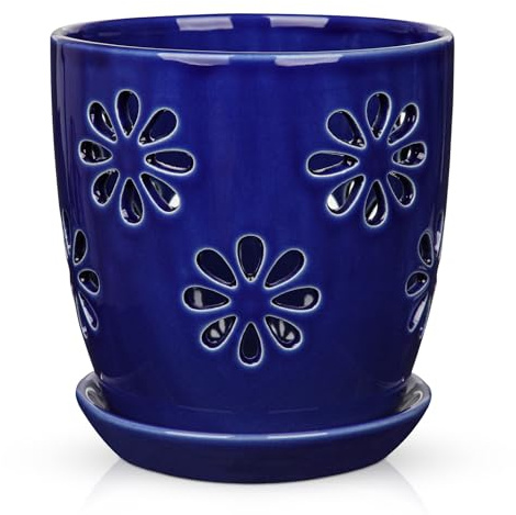 Oairse Pot de fleurs creux en céramique de 15 cm de diamètre avec trou de drainage et soucoupe - Pot en céramique pour plantes d'intérieur - Décoration rétro pour jardinières en plein air
