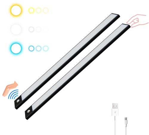 HOMPLEMENT - Luce Armadio LED con Sensore Ricaricabile, Barra LED Magnetica a 3 Tonalità, Intensità Regolabile Dimmerabile per Illuminazione per Interni, Ricarica USB, Lunghezza 40cm (Nero, 2 Pezzi)