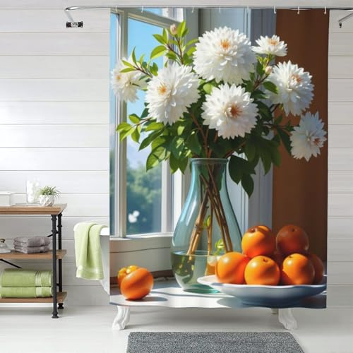 TZTTZT Cortina de ducha realista con estampado blanco de dalia n.º 17, cortinas de ducha de tela gruesa y resistente para baño, lavable a máquina, 60 x 72 pulgadas