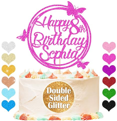 Personalised Happy Birthday Glitter Cake Topper, Custom Cake Topper Any Name & Age, Round Butterfly Cake Toppers, Birthday Party Cake Decorations for 18th 30th 40th 50th 60th 70th (Pink)