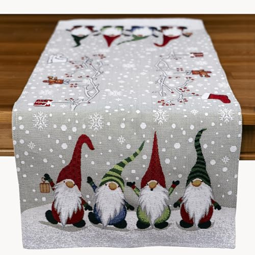 Tischdecke Weihnachten Gobelin Tischläufer Wichtel Weihnachtsdekoration Tischwäsche Hellgrau Bunt (40 x 140 cm)