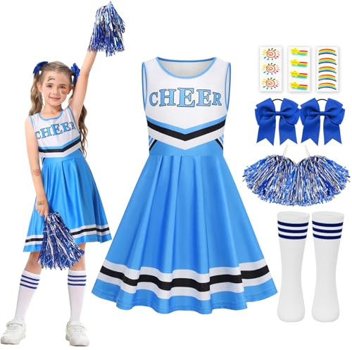 Cheerleader Kostüm Kinder, Cheerleader Kostüm Mädchen, Cheerleading Outfit Faschingskostüm mit Strümpfen Pom Poms Tattoos,Kinder Cheer Kostüme für Karneval, Fasching,High-School-Mottoparty,13-14 Jahre