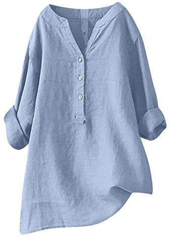 Chemise Lin Femme Grande Taille Chemisier Coton Et Lin pour Femmes Col en V Bouton Manches Longues Top Tunique Couleur Unie Lâche Respirant T-Shirts Été Blouse Femme Chic Et Élégant