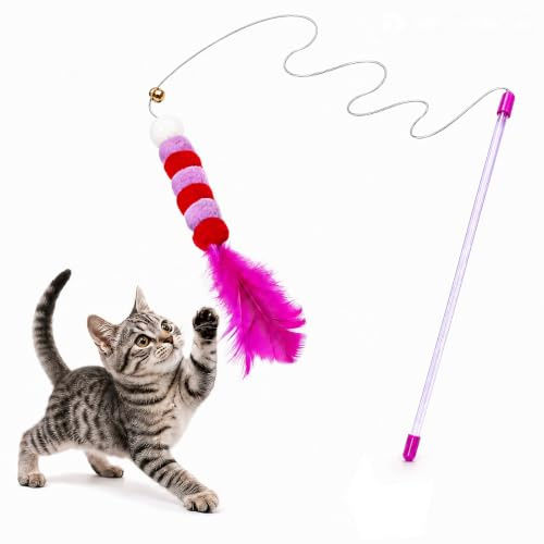 YIXINHE Feather Toys - Soft Wand with Bell Pompom,Interactive cat Teaser for Indoor Kittens | Toys,Cat Wand,Toys for Indoor (1, Pink)