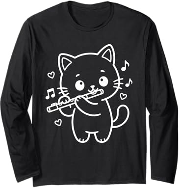 Kawaii Katze Flöte Spielen Flötenmusiker Orchester Langarmshirt