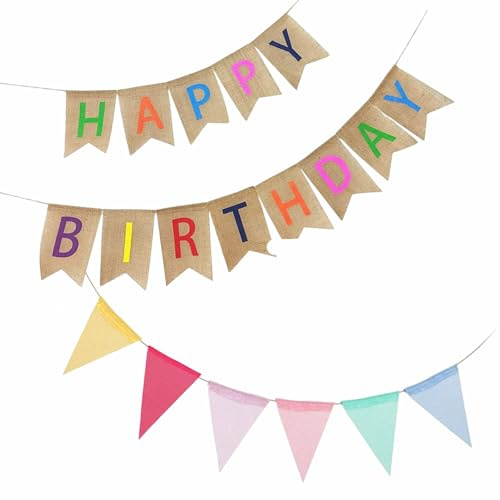 Happy Birthday Ghirlanda Buon Compleanno in Lino con Bandiere | Festoni Compleanno Tela di Iuta Decorazioni per Nozze, Baby Shower, Compleanno, Partito e Vacanze