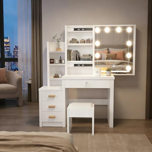 Oyajia Schminktisch mit 10 LED Beleuchtung und Hocker, Frisiertisch mit Spiegel LED, 4 Schubladen, Offenen Ablagen, Weiß Schminktisch Klein Modern für das Schlafzimmer, Vanity 80 * 36 * 135cm
