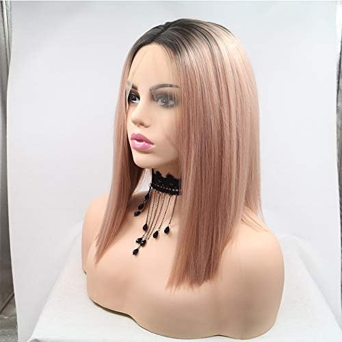 Xiweiya Rosa synthetische Perücke mit Spitzen-Front-Perücke für Frauen, goldfarben, rosafarbene Frisur, roségold, pastellrosa, Perücke für Mädc 14inch